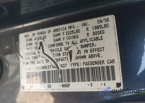 2007 Honda Accord 2.4 Se from USA, damaged, VIN 1HGCM56377A021627